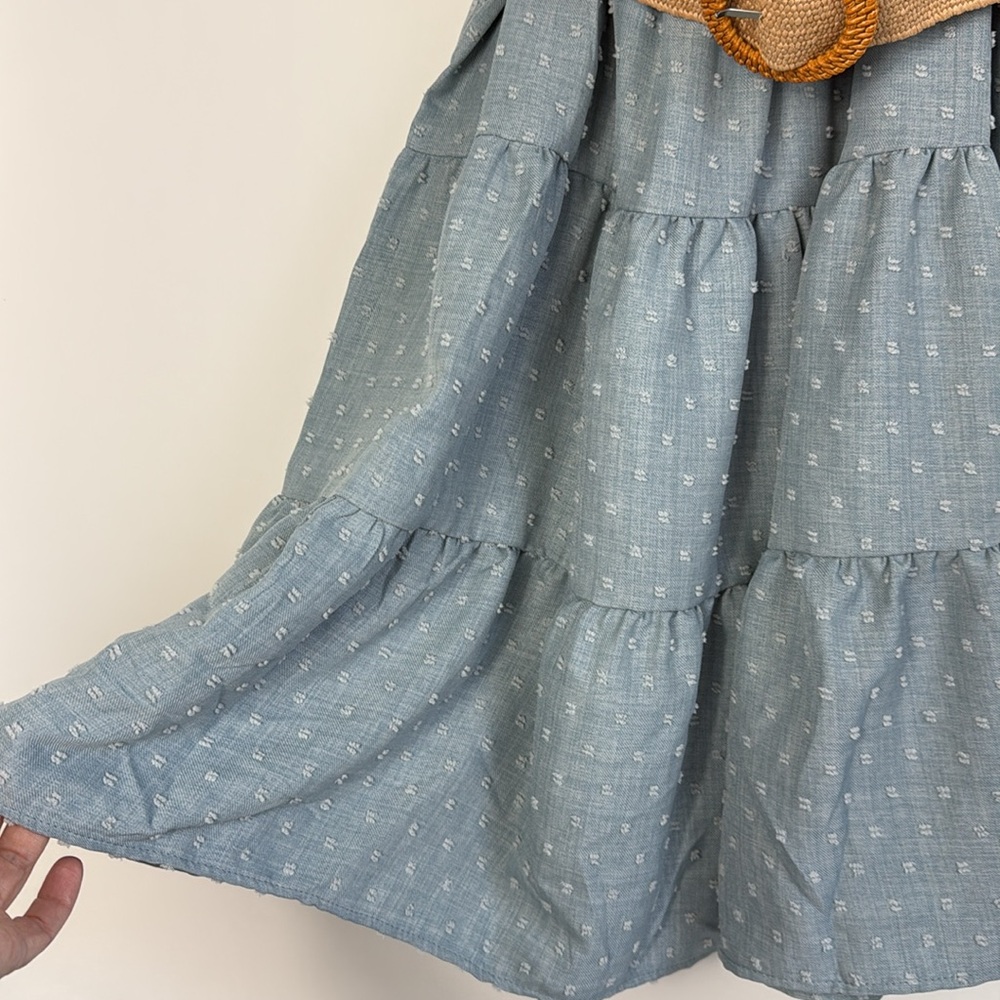 Blu Pepper Blue Ruffled Tiered Dress w/Flutter Sleeves & Ratan Belt - Large NWT - Picture 5 of 11
